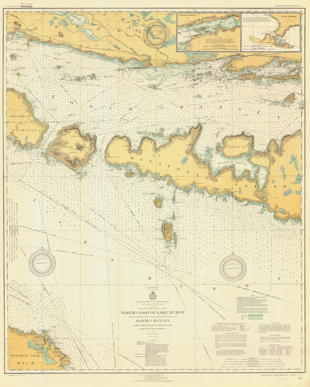 1930 Nautical Map of North Coast of Lake Huron North Channel