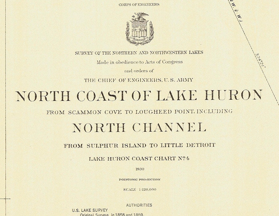 1930 Nautical Map of North Coast of Lake Huron North Channel