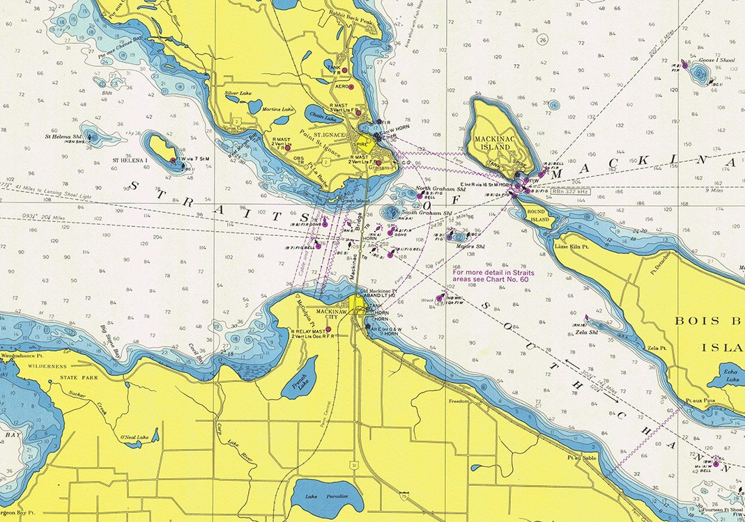 1974 Nautical Map of Lake Huron Straits of Mackinac