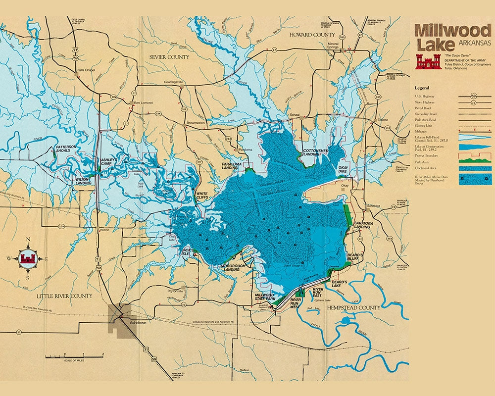 1976 Map of Millwood Lake Arkansas