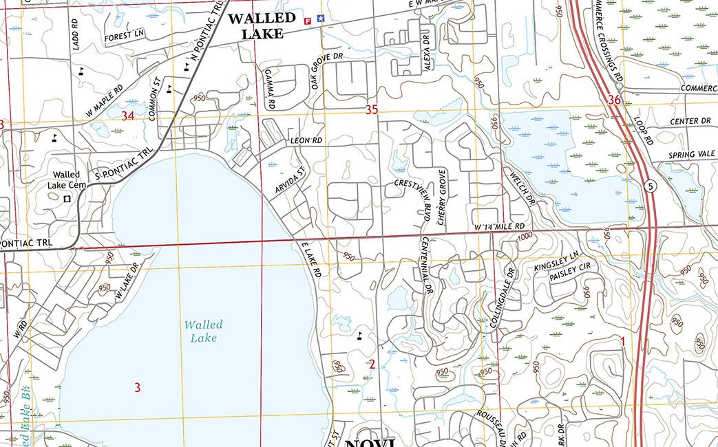 2017 Topo Map of Walled Lake Michigan Quadrangle