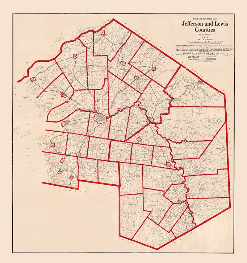 1918 Map of Jefferson and Lewis County New York