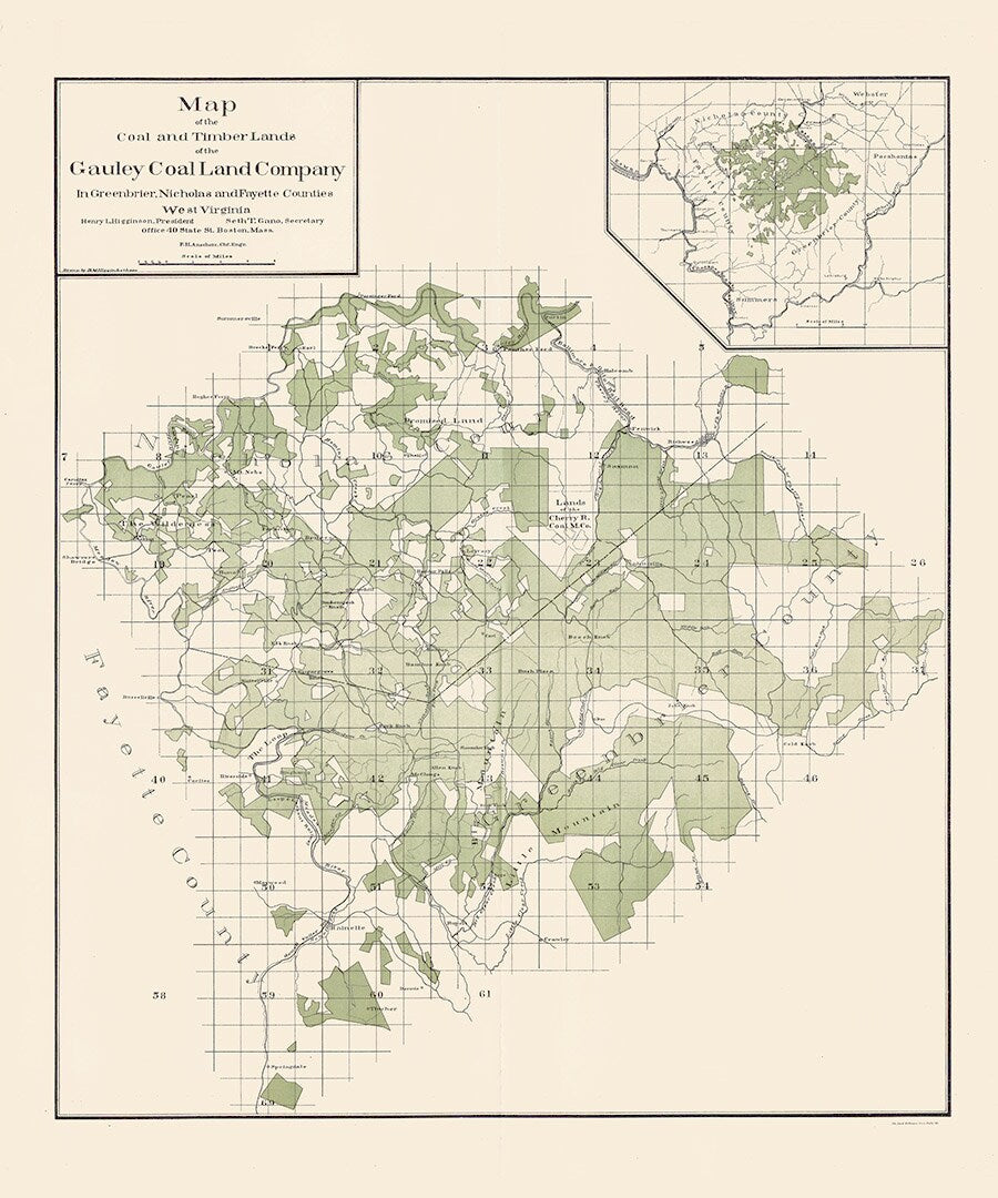 Early 1900s Map of Gauley Coal Land Company Mining Timber West Virginia Fayette Nicholas Greenbrier County
