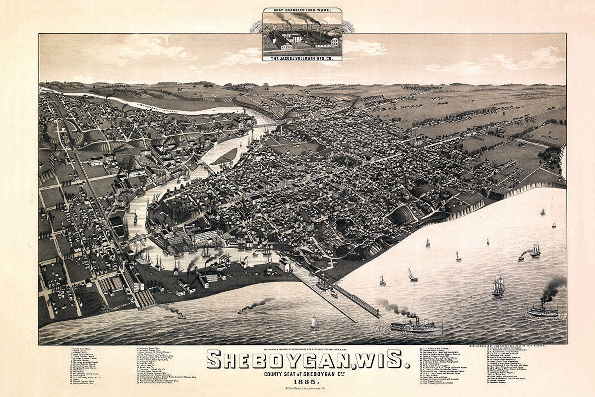 1885 Panoramic Map of Sheboygan Wisconsin Lake Michigan