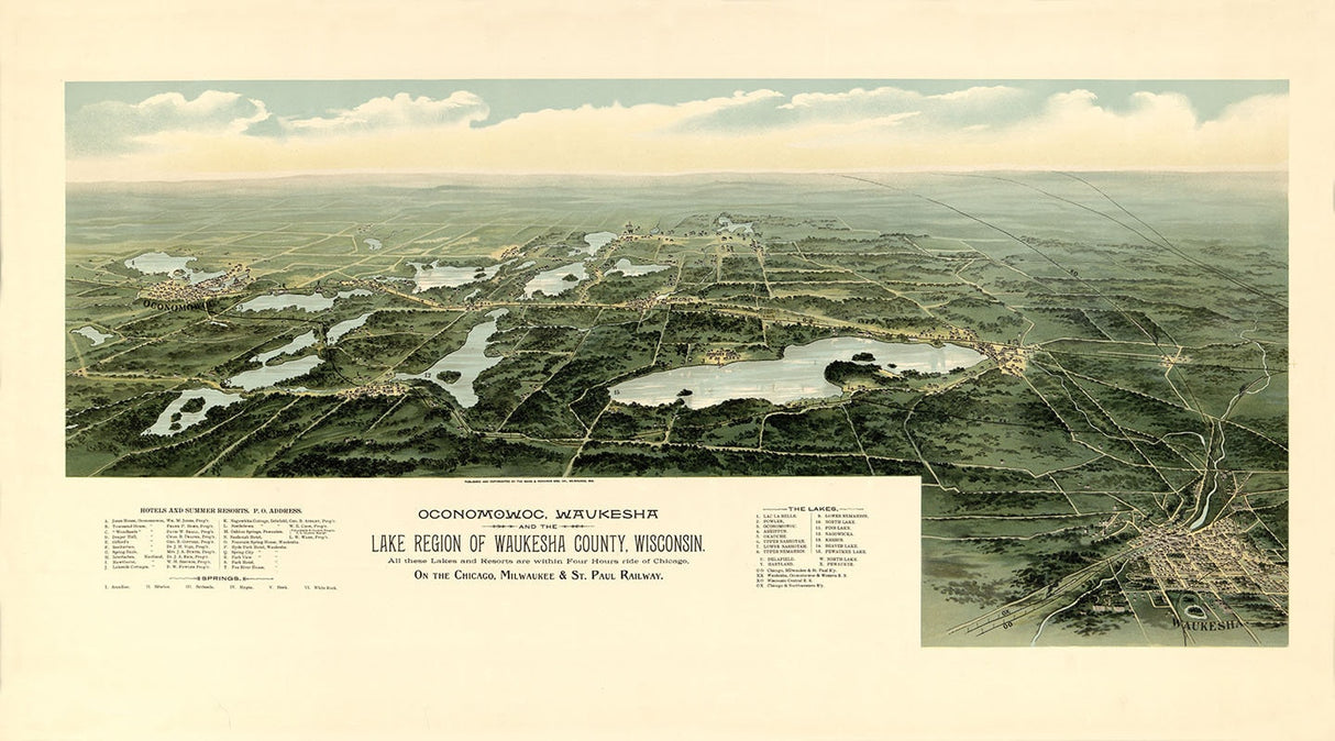 1890 Panoramic Map of Oconomowoc Wisconsin and the Lake Region of Waukesha County