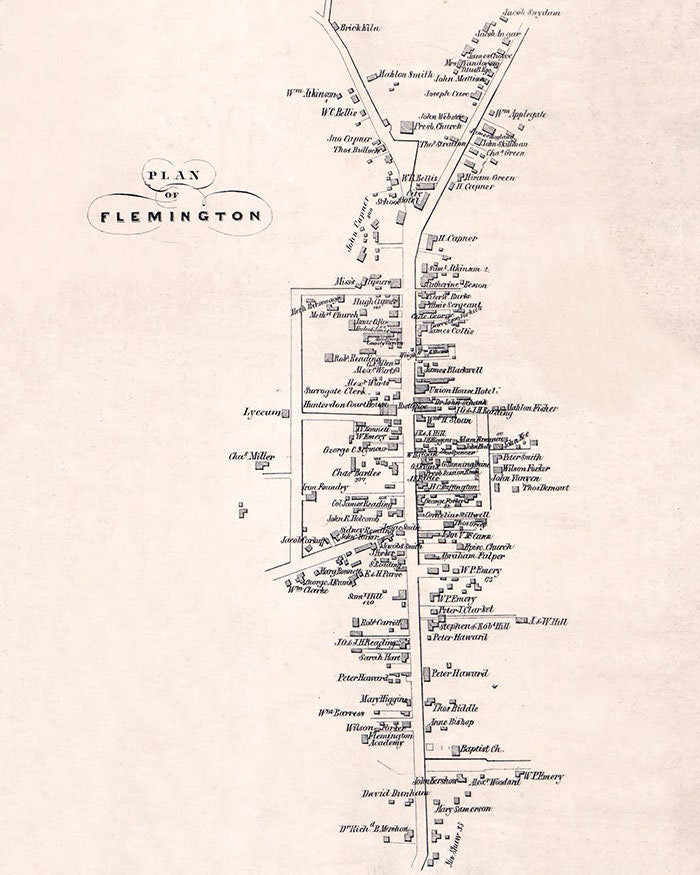 1851 Map of Flemington Hunderdon County New Jersey