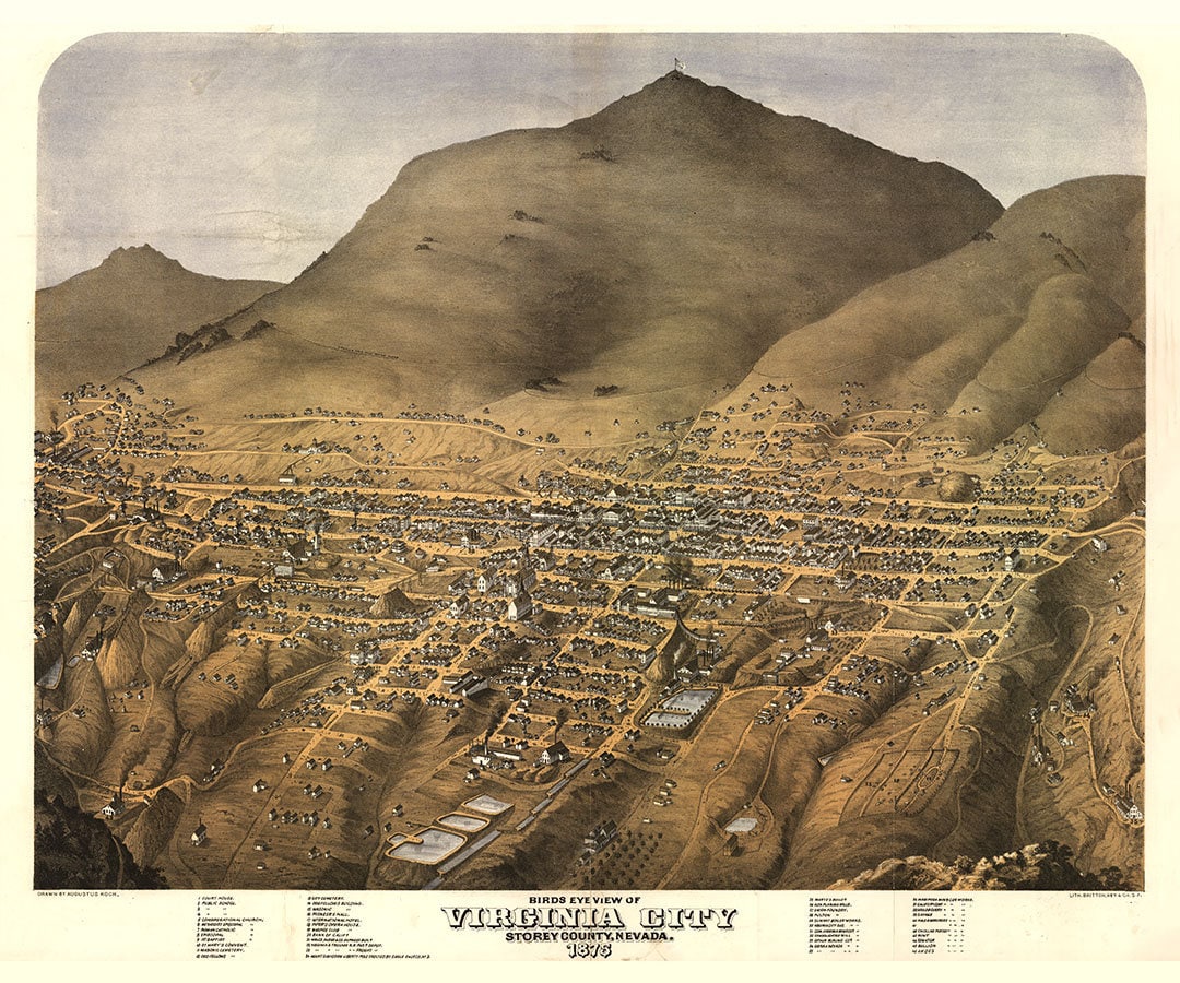 1875 Panoramic Map of Virginia City Storey County Nevada