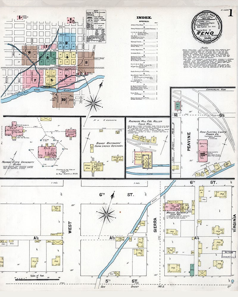 1890 Town Map of Reno Washoe County Nevada