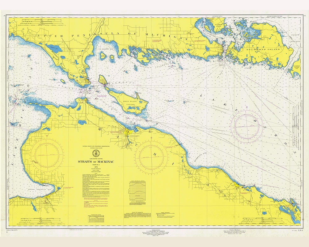 1974 Nautical Map of Lake Huron Straits of Mackinac