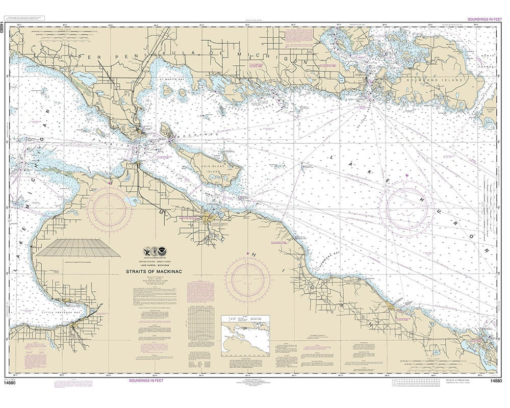 2014 Nautical Map of Lake Huron Straits of Mackinac