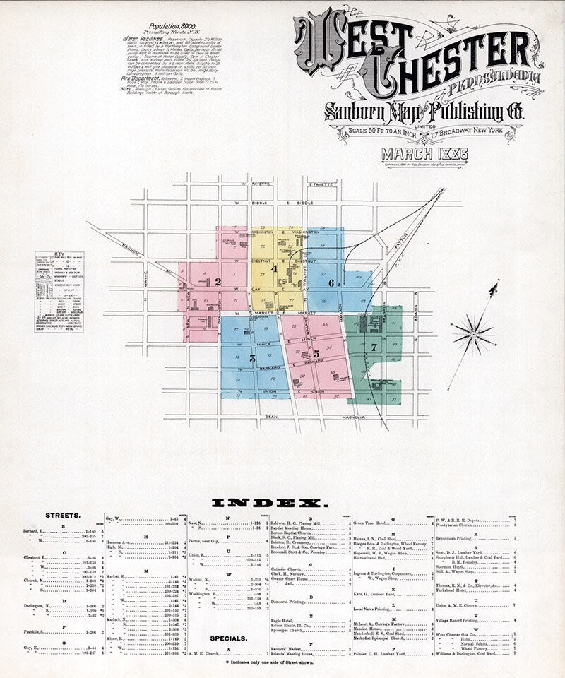 1886 Town Map of West Chester Pennsylvania