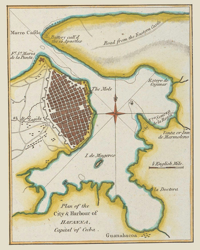 1778 Map of Havanna Cuba City & Harbor