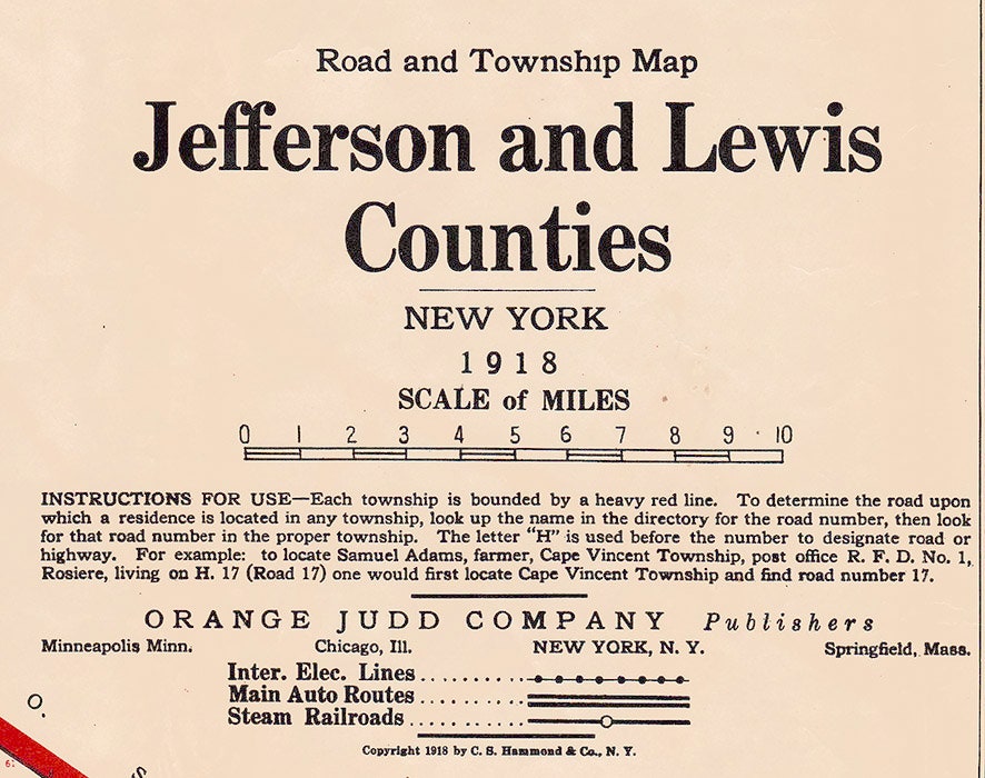 1918 Map of Jefferson and Lewis County New York