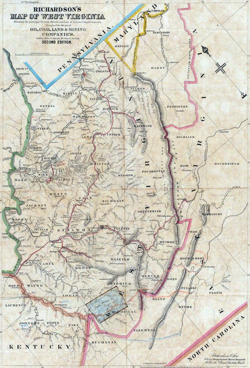 1864 Map of West Virginia Oil Coal Land 7 Mining Companies