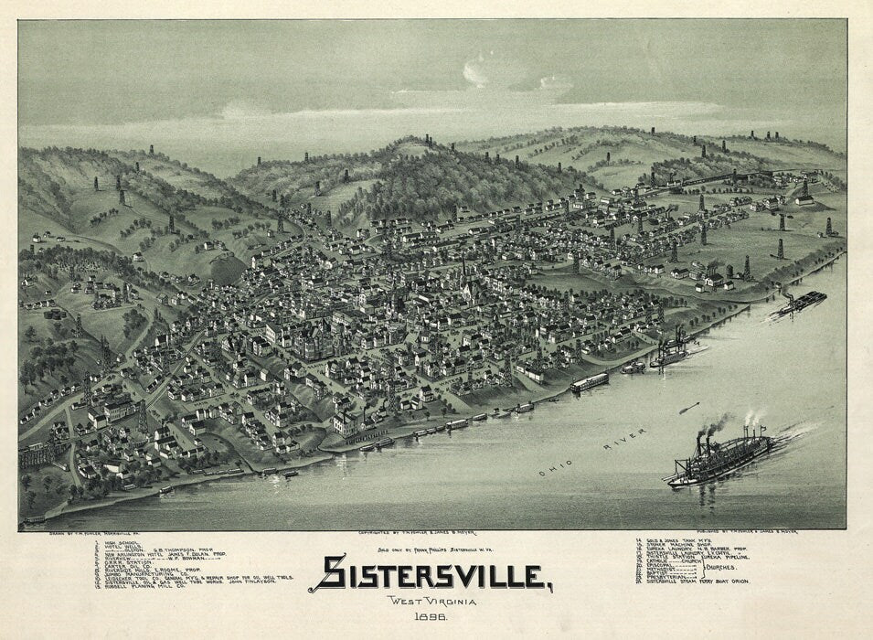 1896 Panoramic Aerial Map of Sistersville West Virginia & Oil Wells
