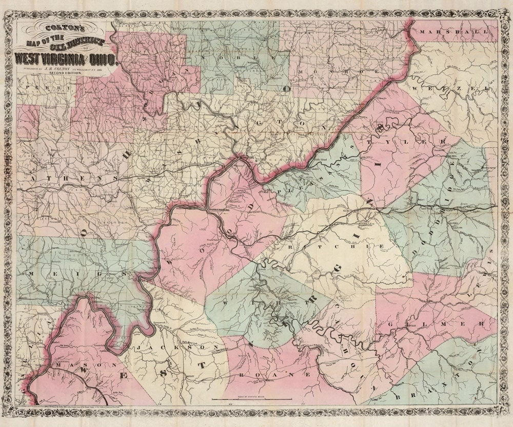 1865 Map of the Oil District of Ohio and West Virginia showing historic oil & gas places