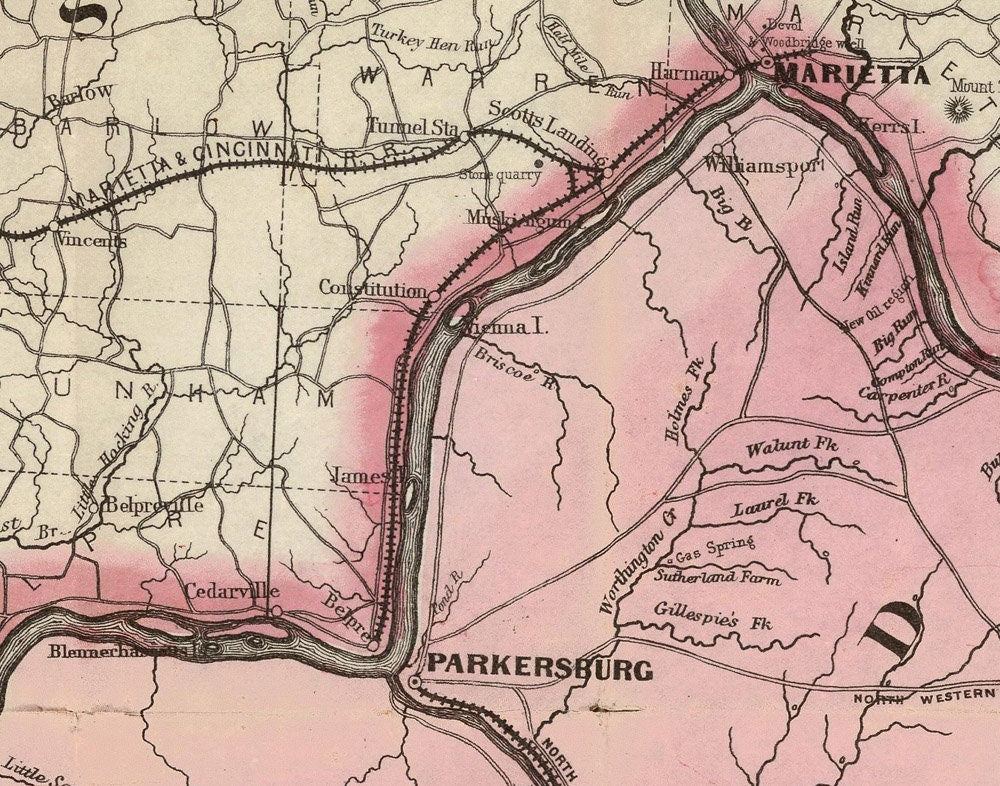 1865 Map of the Oil District of Ohio and West Virginia showing historic oil & gas places