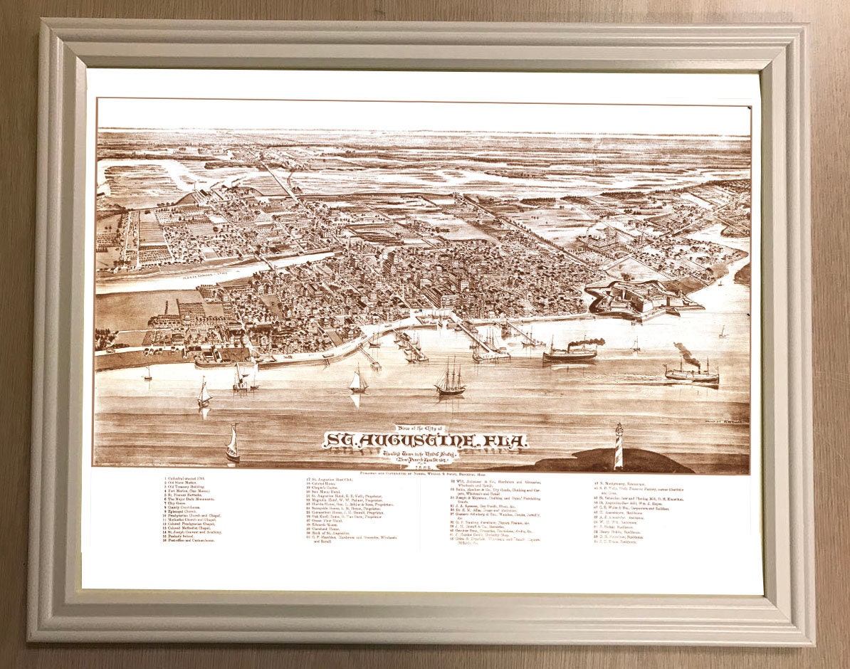 1885 Framed Panoramic Map of Saint Augustine Florida