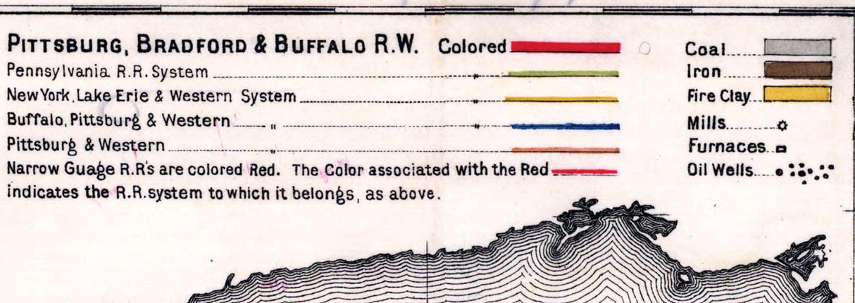 1882 Rail Road Map Pittsbug Bradford and Buffalo Railway & Oil Well Locations