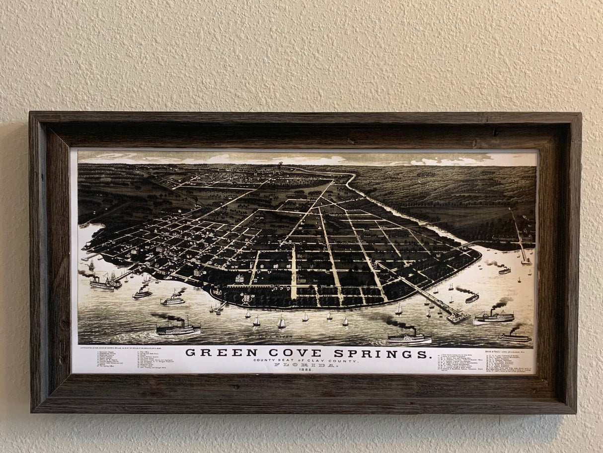 1885 Panoramic Map of Green Cove Springs Clay County Florida Framed