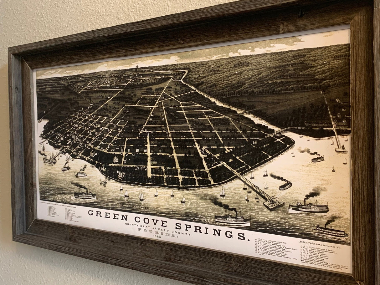 1885 Panoramic Map of Green Cove Springs Clay County Florida Framed