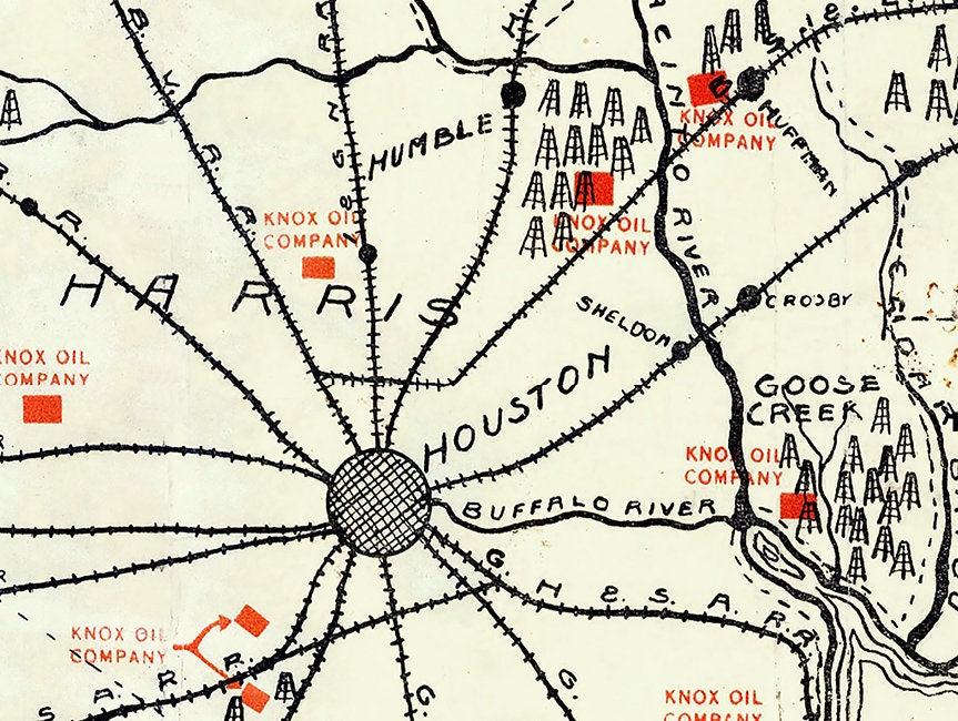 1916 Map of Oil Fields Around Houston Texas and Galveston