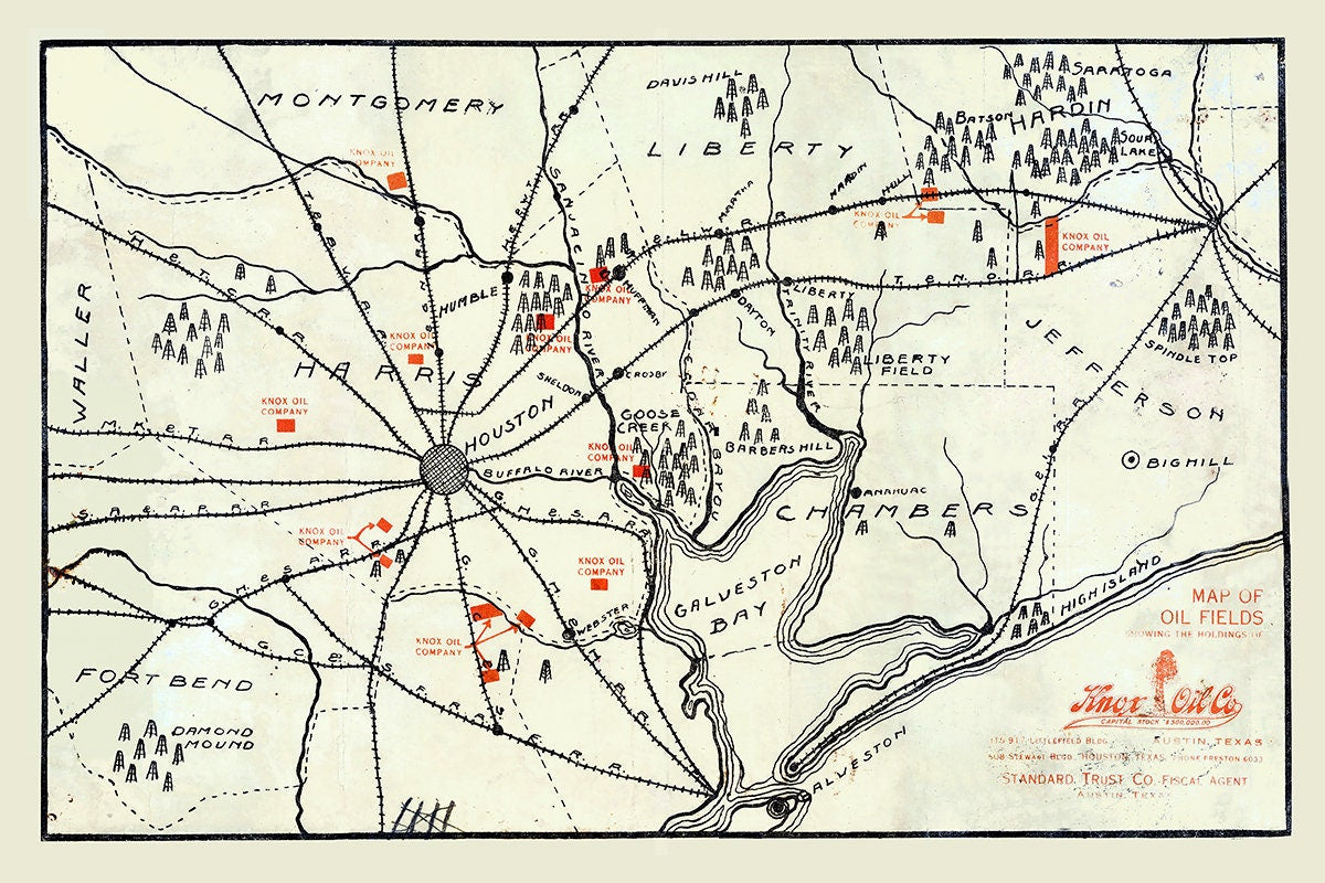 1916 Map of Oil Fields Around Houston Texas and Galveston