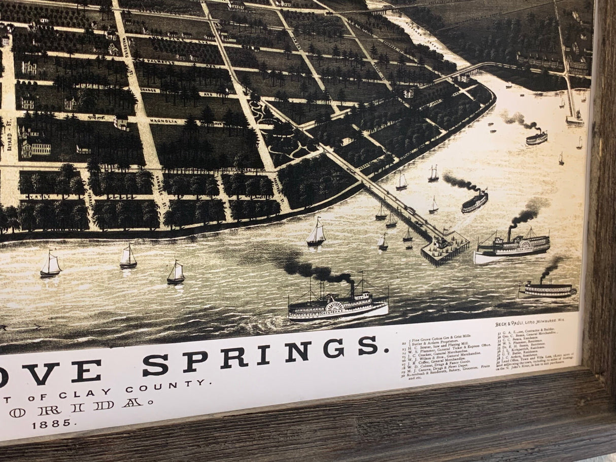 1885 Panoramic Map of Green Cove Springs Clay County Florida Framed