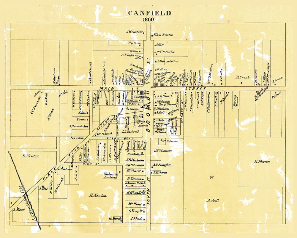 1860 Town Map of Canfield Mahoning County Ohio