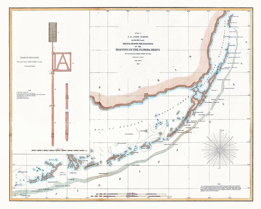 1855 Map of the Florida Keys and Reefs