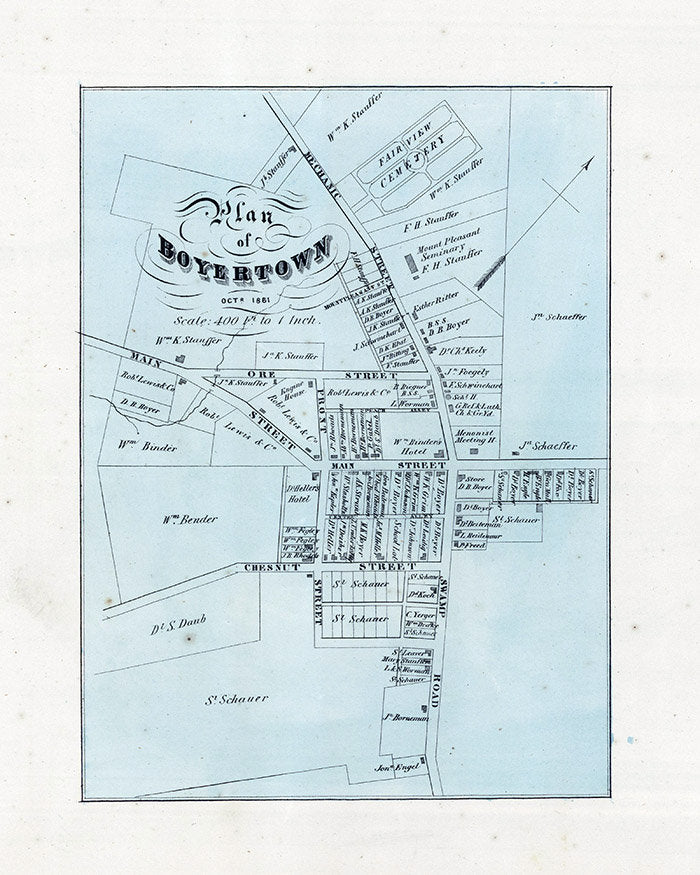 1862 Map of Boyertown Berks County Pennsylvania