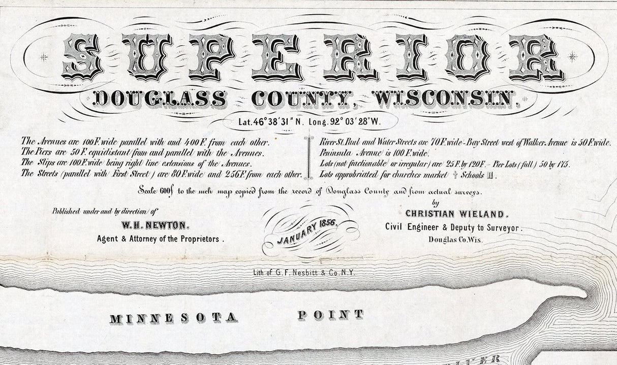 1856 Map of Superior Douglass County Wisconsin Lake Superior