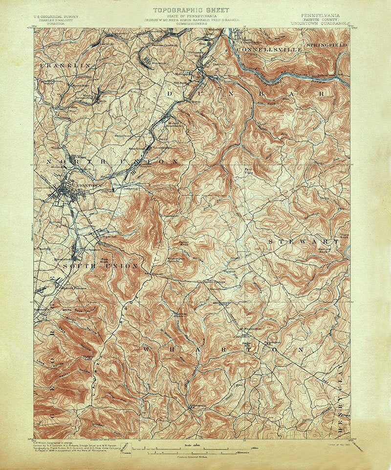 1900 Topo Map of Uniontown Pennsylvania Fayette County Brownfield