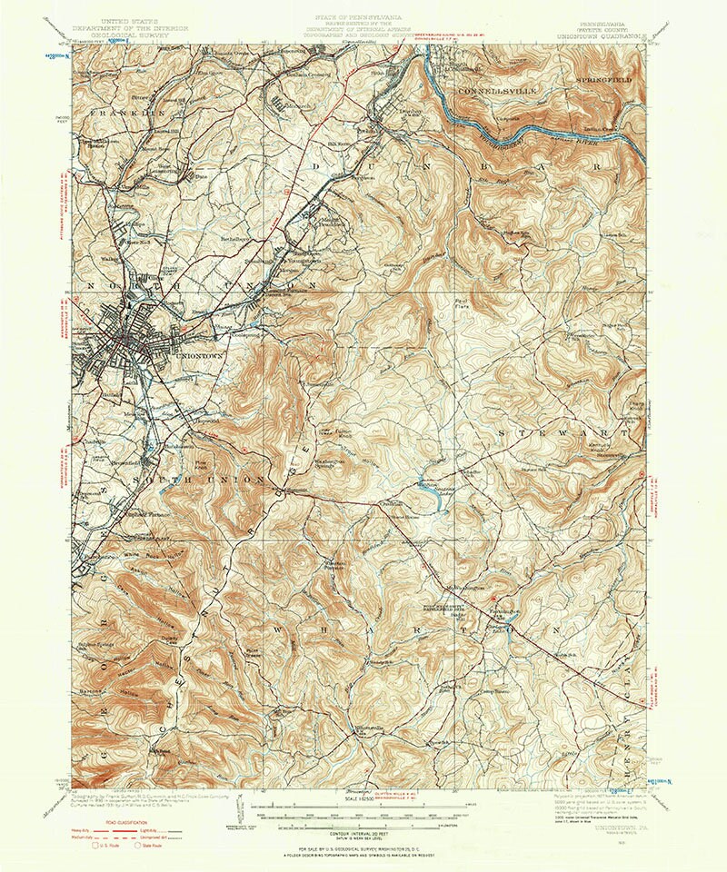 1931 Topo Map of Uniontown Pennsylvania Fayette County Brownfield