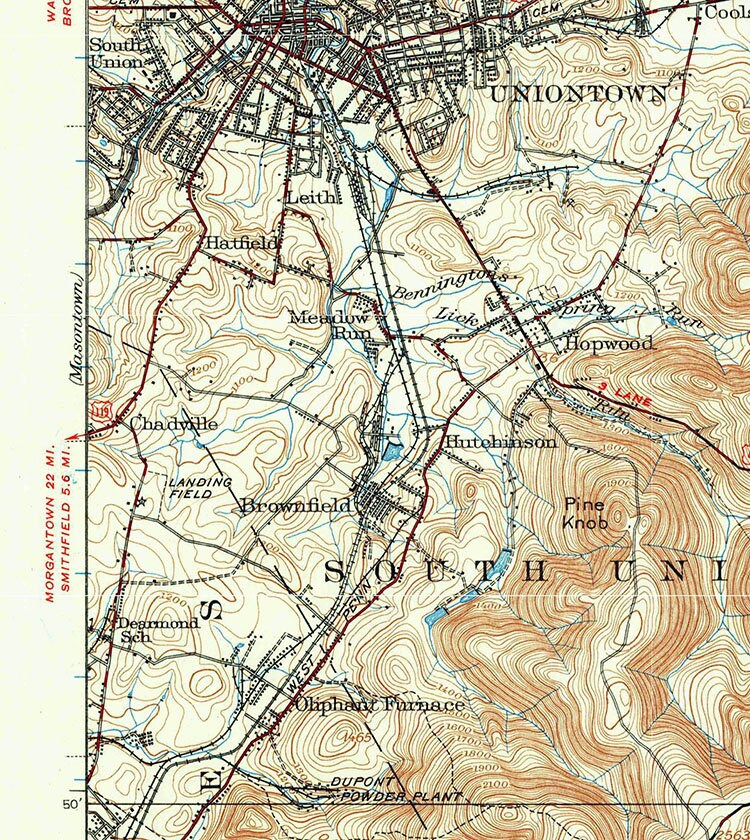1931 Topo Map of Uniontown Pennsylvania Fayette County Brownfield