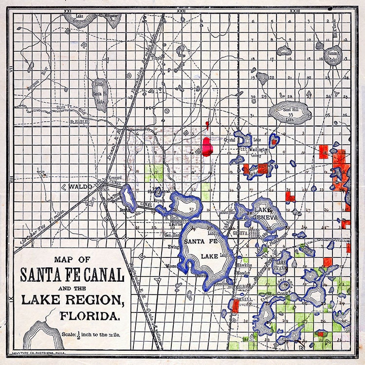 1876 Map of Santa Fe Canal and the lake region Florida