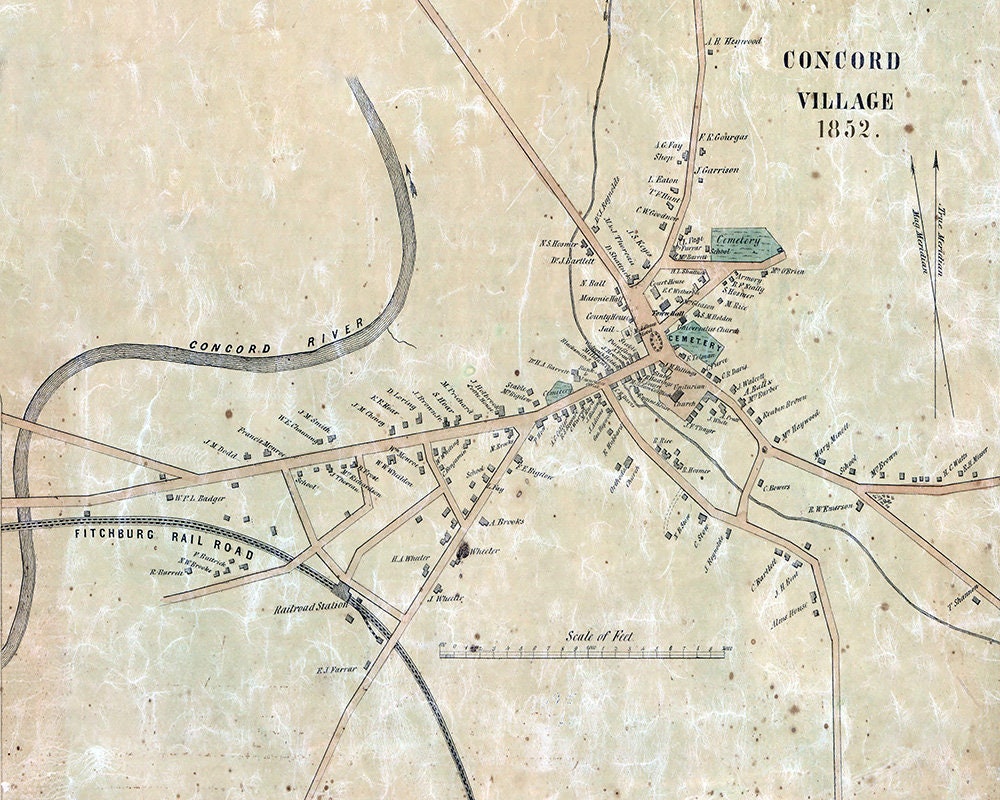1852 Map of Concord Village Middlesex County Massachusetts