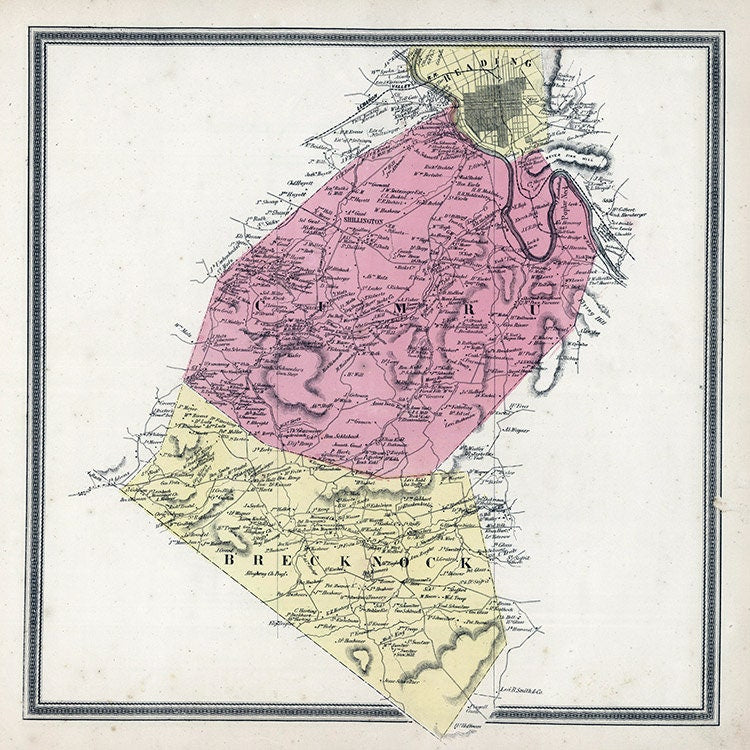 1862 Map of Cumru and Brechnock Townships Berks County Pennsylvania