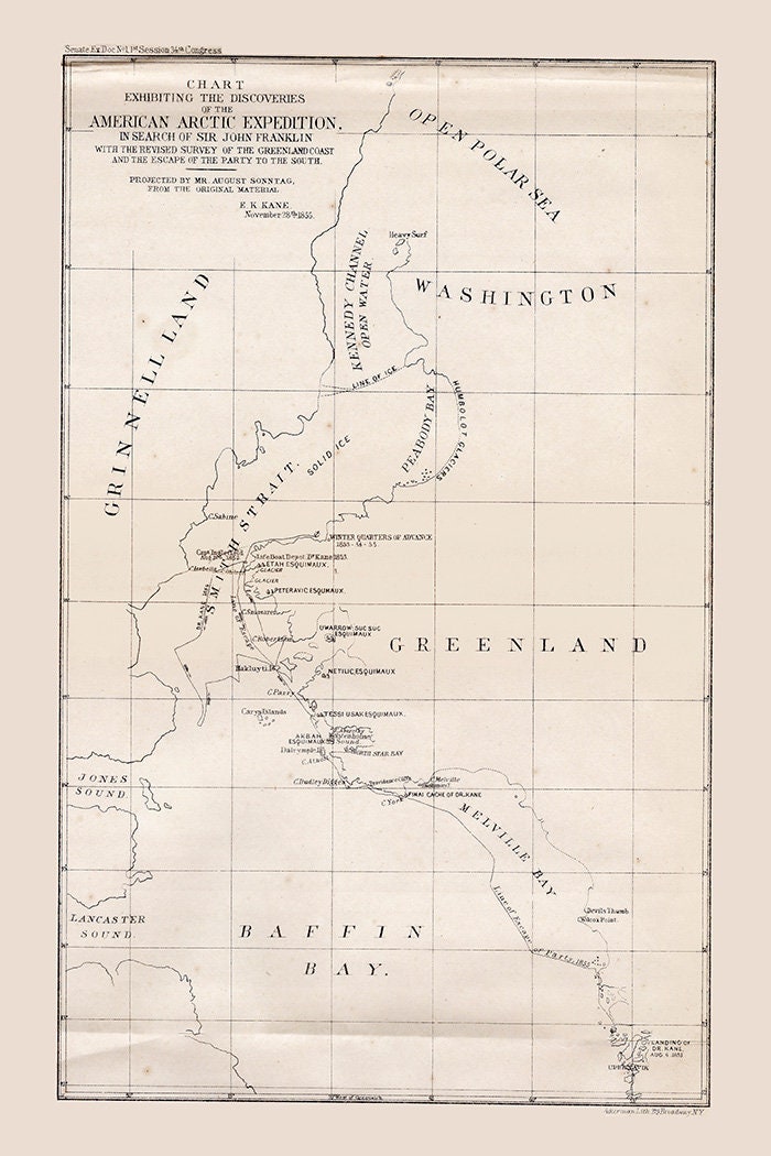 1855 Nautical Chart showing the American Arctic Expedition
