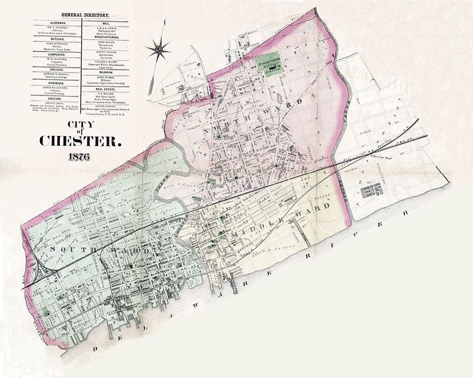 1876 Town Map of Chester Delaware County Pennsylvania