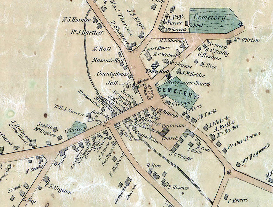 1852 Map of Concord Village Middlesex County Massachusetts