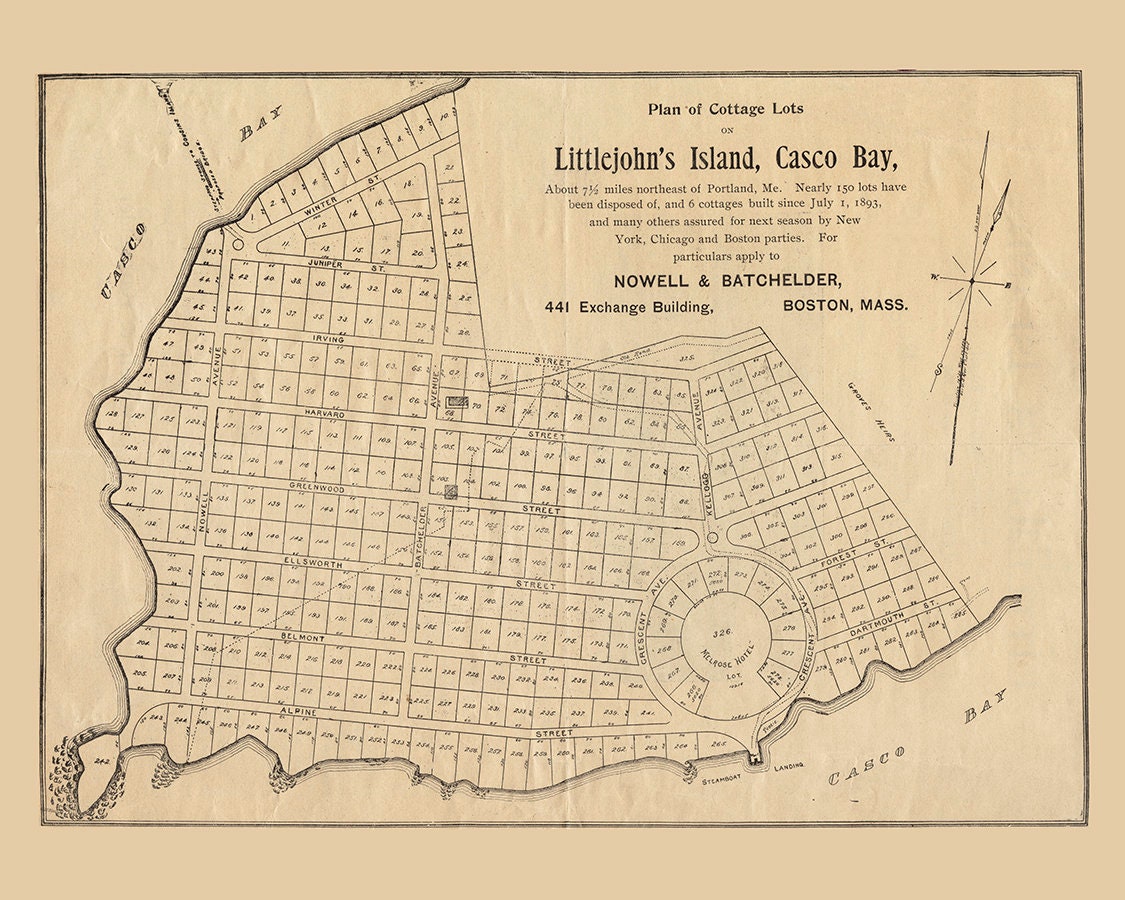1893 Map of Littlejohns Island Cottage Lots Casco Bay Maine