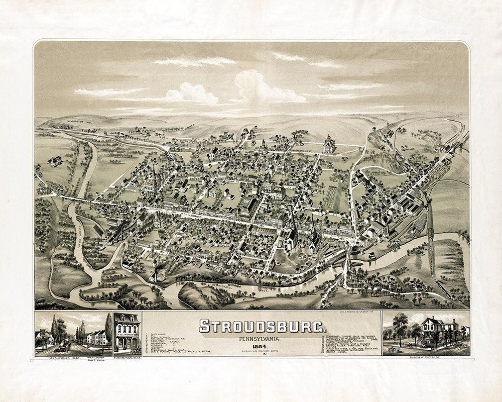 1884 Panoramic Map of Stroudsburg Pennsylvania
