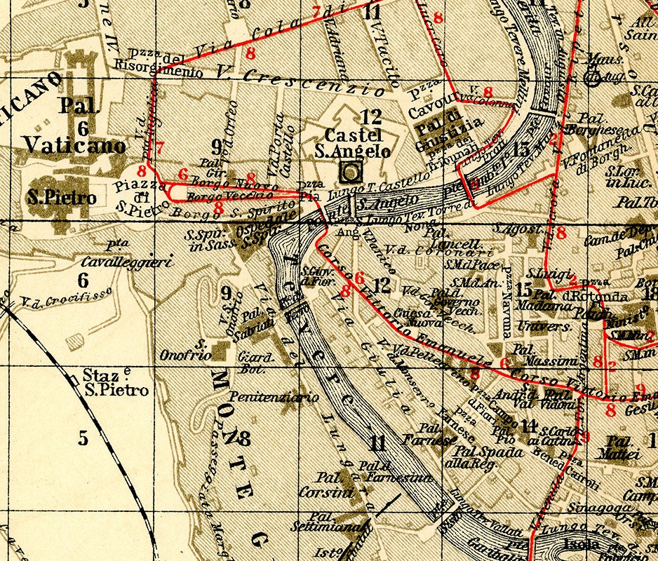 1910 Map of Rome Italy Showing Electric Tramways by Baedeker