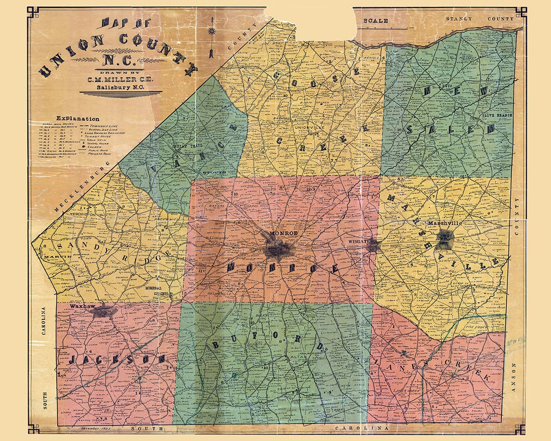 1907 Map of Union County North Carolina