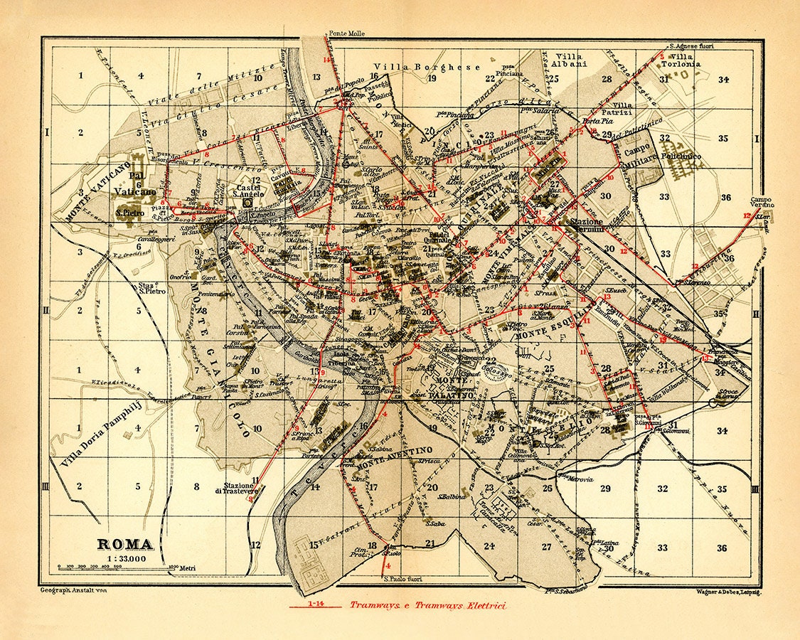 1910 Map of Rome Italy Showing Electric Tramways by Baedeker