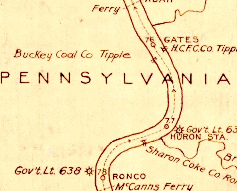 1920s Map of Monagahela River Along Cumberland Twp Greene County PA