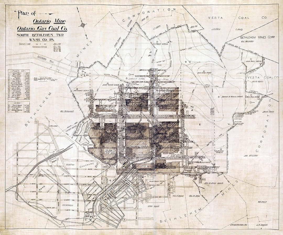 1927 Map of Ontario Mine & Gas Coal Company Washington County PA