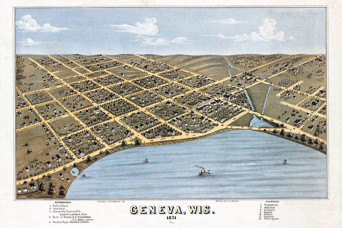 1871 Panoramic Map of Geneva Wisconsin Lake Geneva