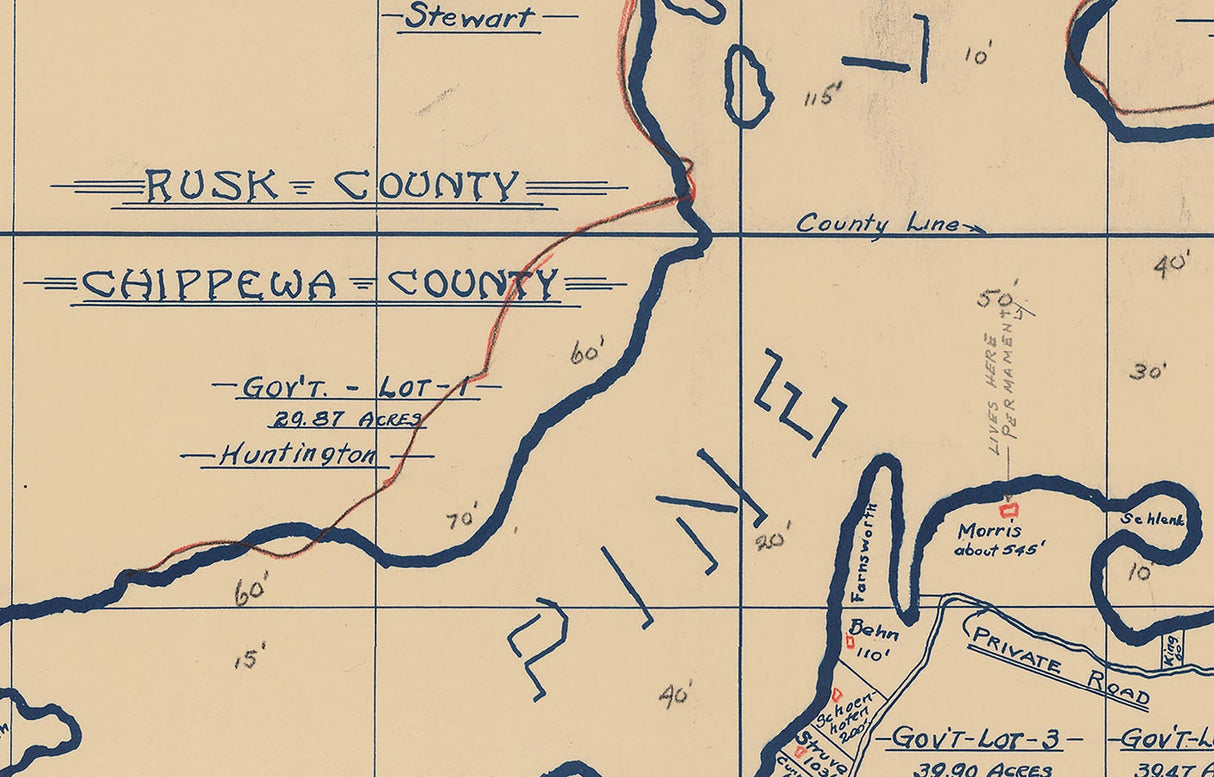 1935 Map of Pine Lake Chippewa and Rusk County Wisconsin